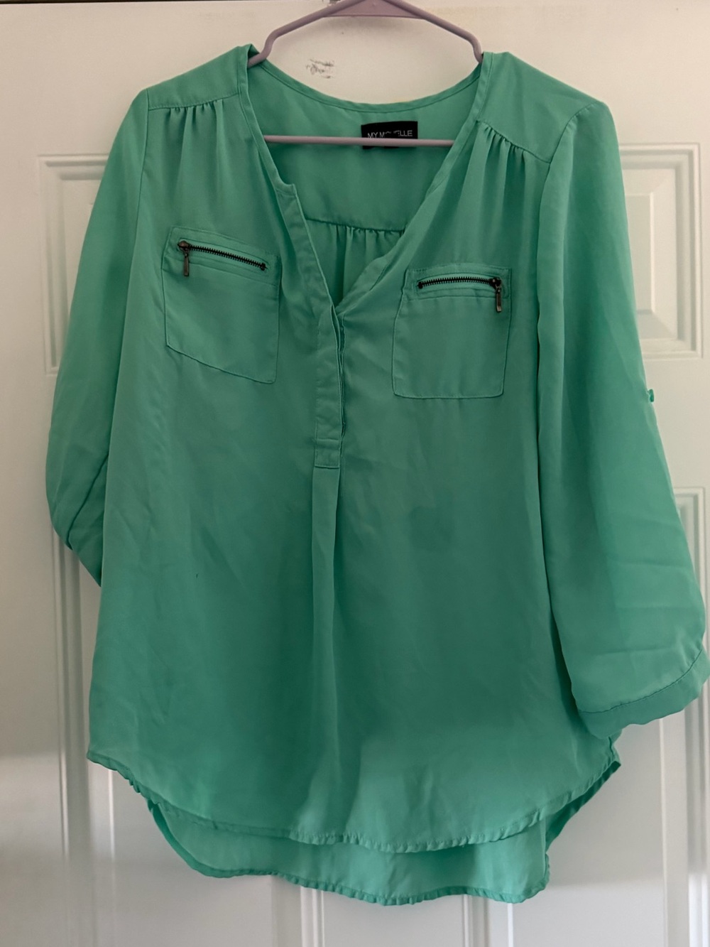 My Michelle Mint Green V-Neck Zip Pocket Blouse